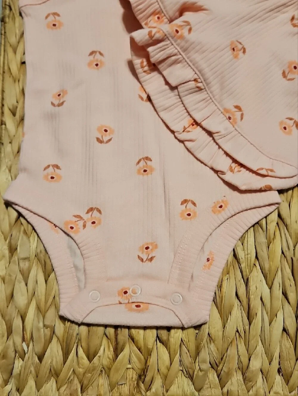 Carter's Peach Pink Floral Ribbed Tank Bodysuit & Ruffle Shorts Set